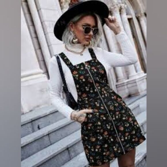 SHEIN Dresses & Skirts - Shein Pinafore Dress, Black with Orange Floral, Zipper down front,Size XL, NWOT